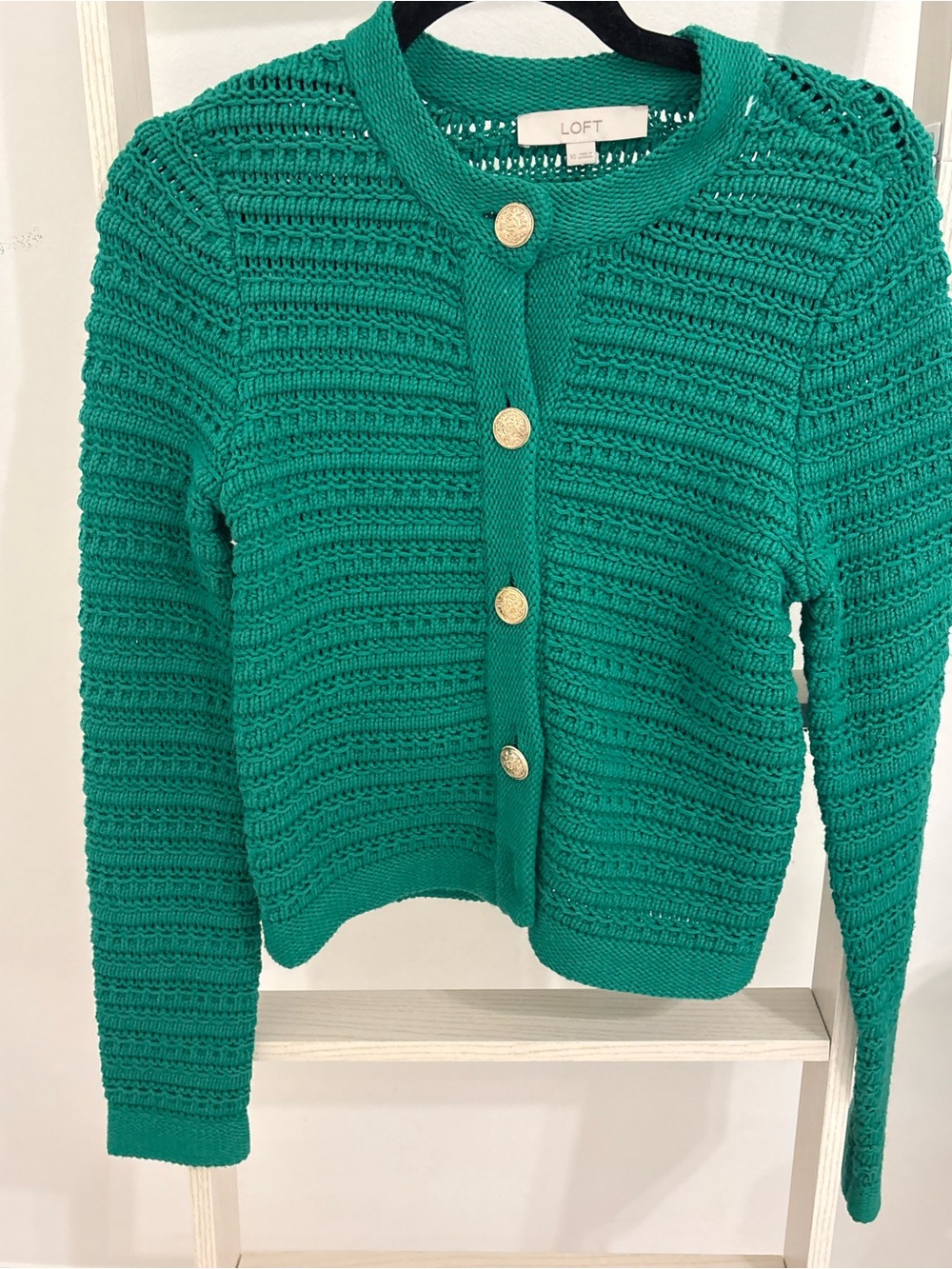 LOFT Teal Green Textured Knit Cardigan with Gold Buttons